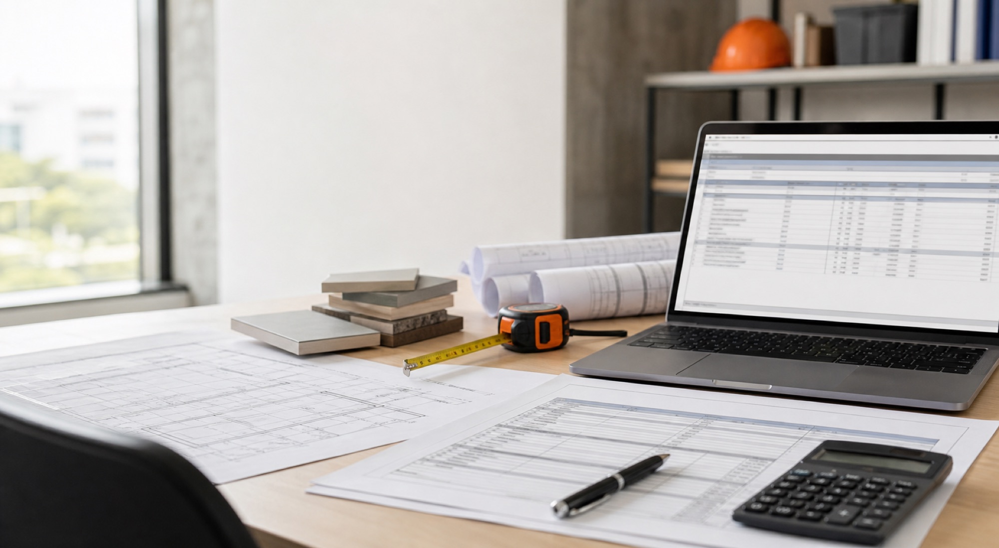 Desk with construction estimate documents, plans, calculator, and laptop